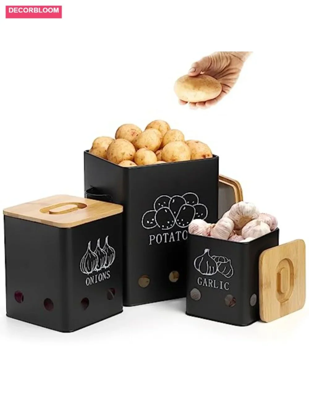 3 Pack Vegetable Storage Tins with Bamboo Lids, Potato Onion Garlic Canisters,